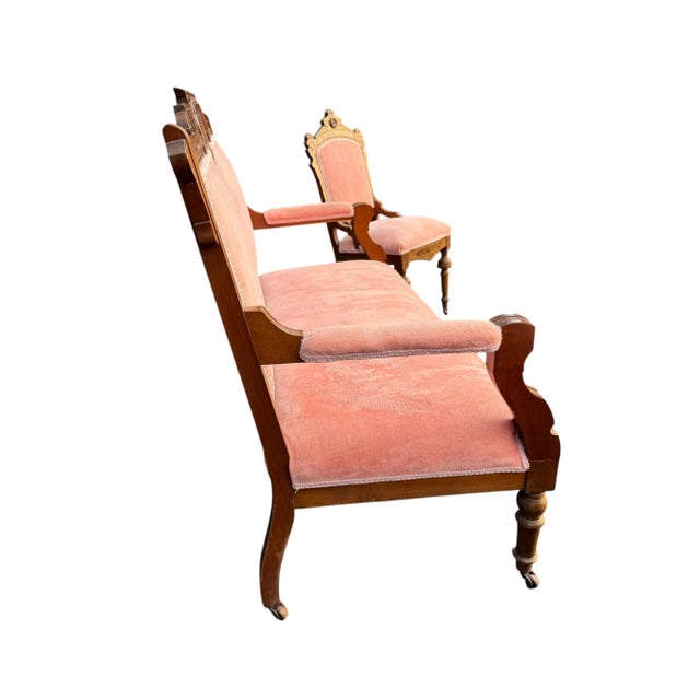 Late 19th Century Pink Parlor Set of Victorian Settee + 2 Chairs With Burl Veneer For Sale In Indianapolis - Image 6 of 11