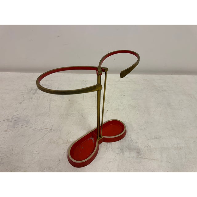 Vintage Brass and Red Metal Umbrella Stand, 1950s For Sale - Image 6 of 9