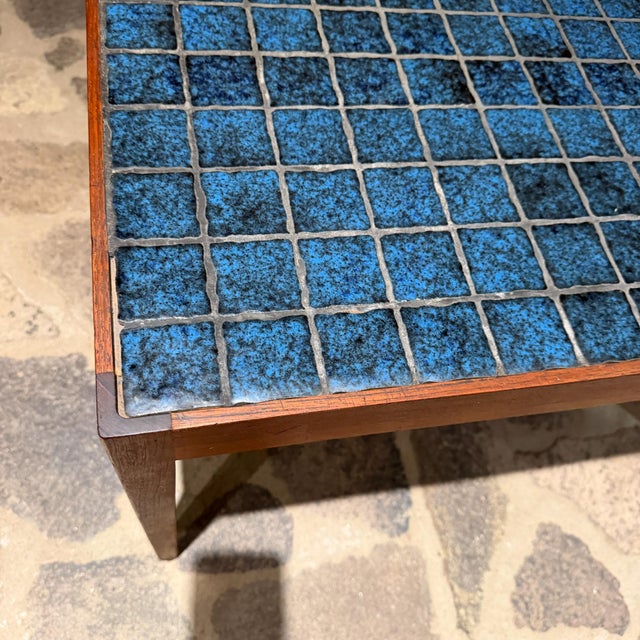 Mid-Century Modern Danish Coffee Table Walnut & Blue Tile Top For Sale In San Diego - Image 6 of 8