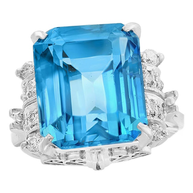 5.8 Carat Finest Blue Topaz Diamond Platinum Ring Estate For Sale