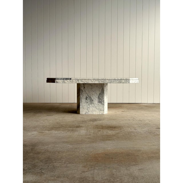 Vintage postmodern Italian marble coffee table with geometric inlaid top in contrasting grey and white stone with black...