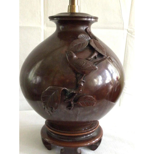 1940s 1940s Bronze Table Lamp with Bird on Asian Style Wood Base For Sale - Image 5 of 11