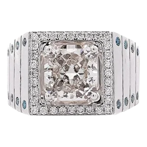 5 Carat Radiant Cut White and Blue Lab Grown Diamond Mens Ring in 14k White Gold Size 10.5