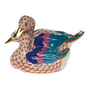 Herend Hungary Porcelain Small Pair of Twin Ducks With Rust Netting 24k Gold Accents