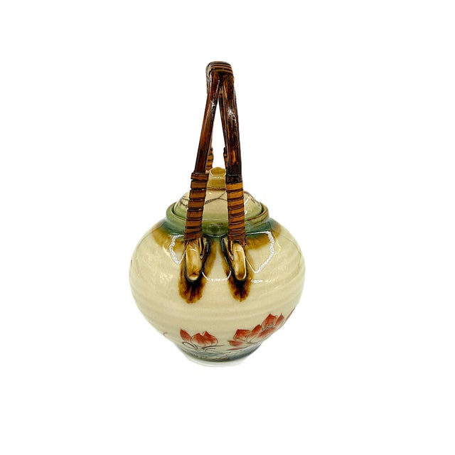 Asian Modern Bat Trang Vietnamese Ceramic Teapot, 6 Teacups & Dessert Tray With Striking Hand Painted Lotus Motif - Set of 8 For Sale - Image 11 of 17