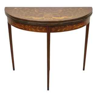 Antique Dutch Marquetry Inlay Flip Top Demilune Round Console Game Table For Sale
