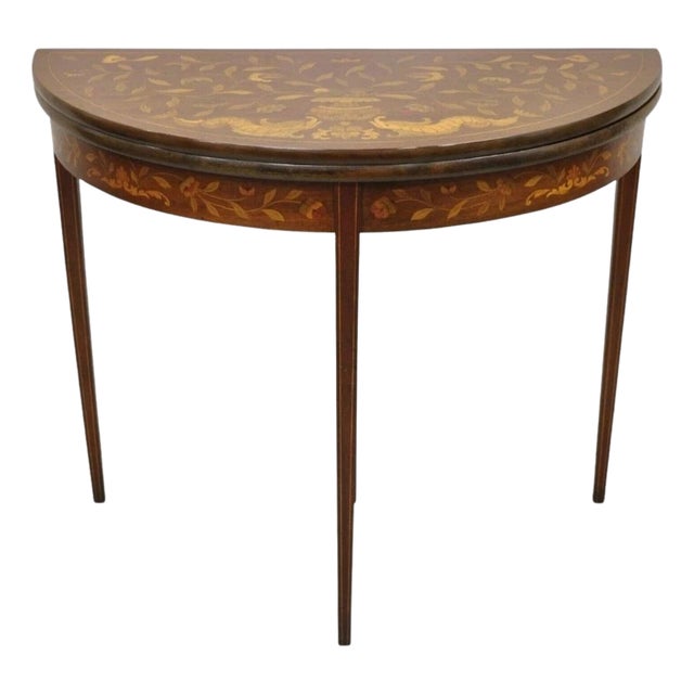Antique Dutch Marquetry Inlay Flip Top Demilune Round Console Game Table For Sale