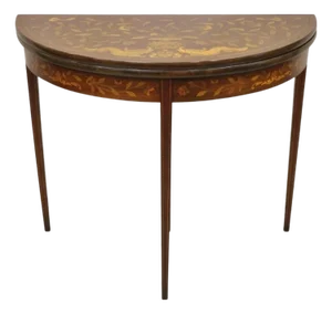 Antique Dutch Marquetry Inlay Flip Top Demilune Round Console Game Table
