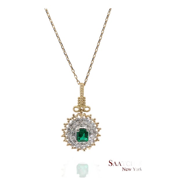 18k 750 Solid Yellow Gold & Platinum 900 Natural Diamond and Emerald Pendant For Sale