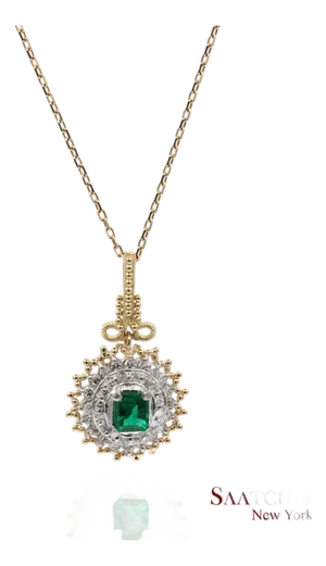 18k 750 Solid Yellow Gold & Platinum 900 Natural Diamond and Emerald Pendant