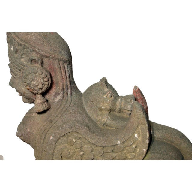 Indian Hand-Carved 19th Century Stone Sphinx Sculpture with Tiara and Earrings For Sale - Image 11 of 13