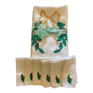 Vintage Hand-Embroidered Christmas Banquet Tablecloth and 12 Napkins, Made of Linen Fabric