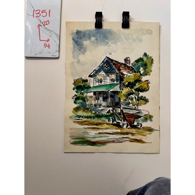 1970s Henry Emil Salloch Original Watercolor on Paper Rustic Waterfront House. For Sale In Atlanta - Image 6 of 6