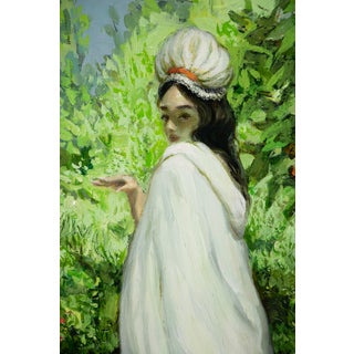 Swan-Princess by Nadezda | Oil on Panel Portrait of a woman in a white cloak in a lush setting For Sale