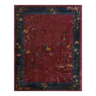 1920s Red Wine Field Oriental Floral Antique Chinese Art Deco Room Size Rug For Sale