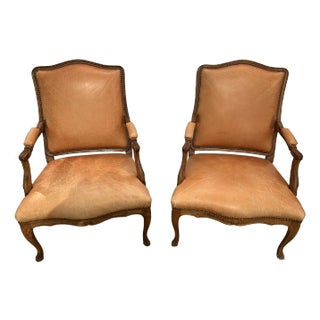 French Leather Upholstered Carved Walnut Armchairs -a Pair For Sale