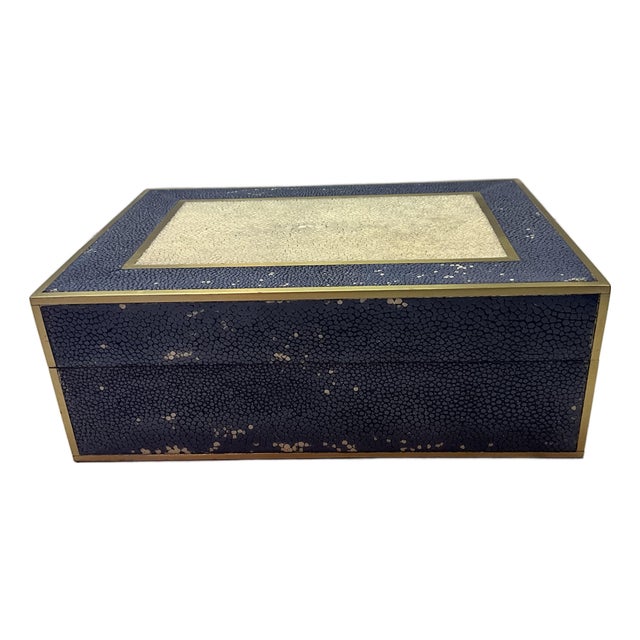 Vintage Shagreen Blue Beige Gold Dresser Jewelry Cigarette Box For Sale