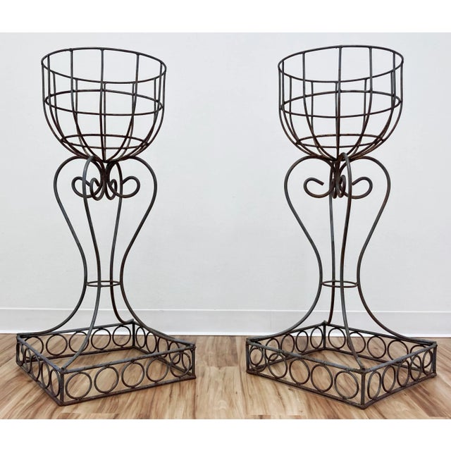 Vintage French Art Nouveau Style Jardiniere Iron Plant Stands, Pair For Sale - Image 4 of 11