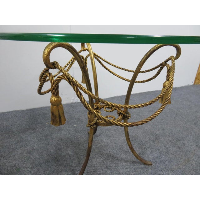 Hollywood Regengy Gold Tassel Glass Top Tables - a Pair For Sale - Image 4 of 5