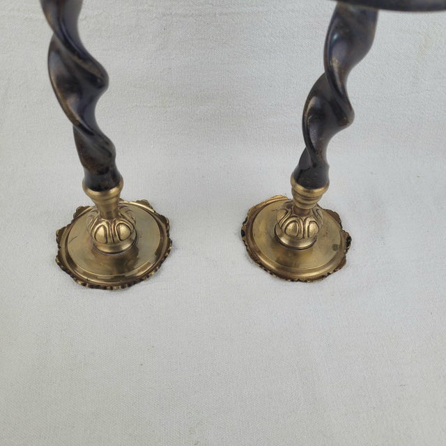 Maitland - Smith Pair of Vintage Maitland Smith Barley Twist Bronze and Brass Candlestick Holders Set 2 For Sale - Image 4 of 8