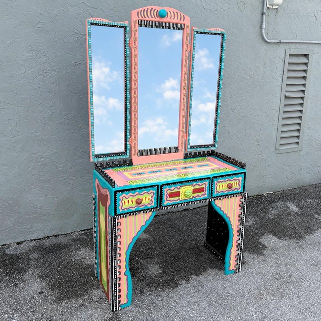 Memphis Vintage Memohis Style Hand Painted Vanity Desk With Chair and Mirror by Pia Cyrulnik For Sale - Image 3 of 12