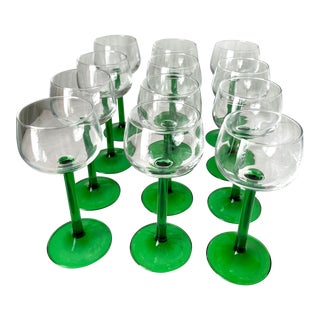 1970's French Green Stemmed 'Luminarc' Goblets-Set 12 For Sale