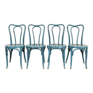 Jacob & Josef Kohn Antique Austrian Teal Lacquered Bentwood Bistro Chairs or Dining Chairs, Set of Four For Sale