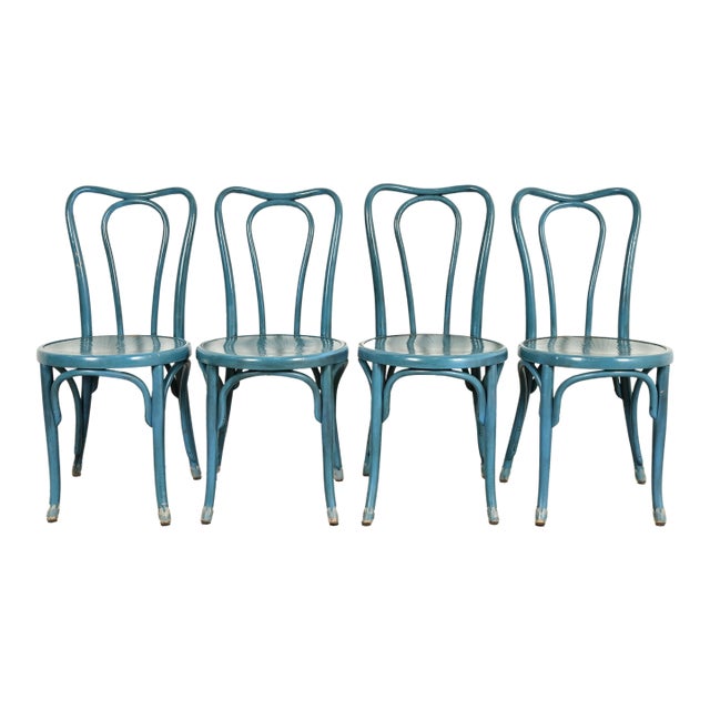 Jacob & Josef Kohn Antique Austrian Teal Lacquered Bentwood Bistro Chairs or Dining Chairs, Set of Four For Sale