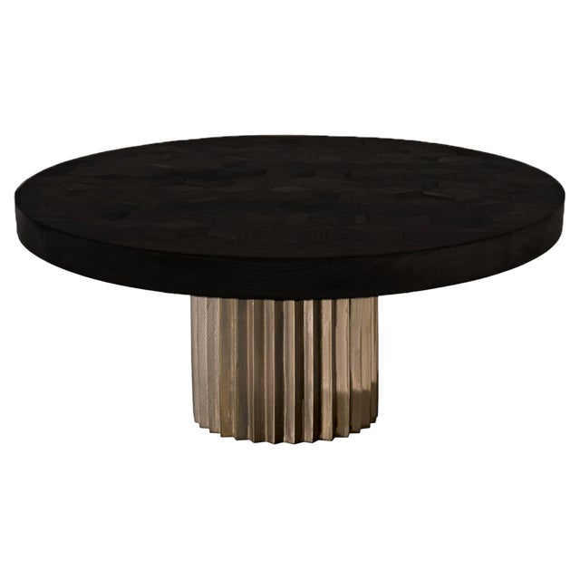 Doris Round Ebonized Oak Marquetry and Cast Bronze Pedestal Dining Table by Fred & Juul For Sale
