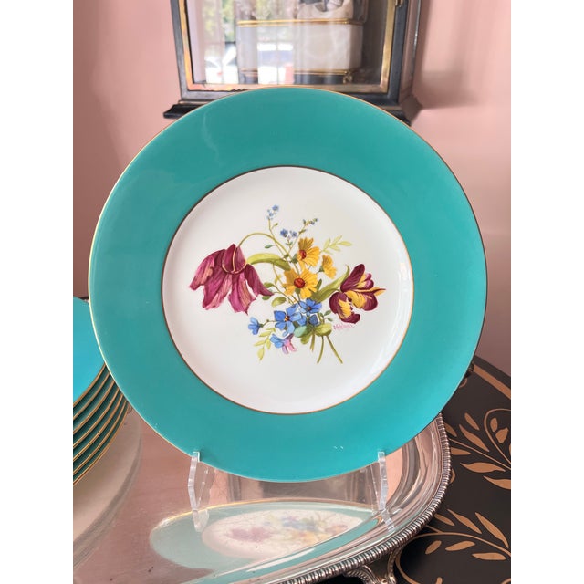 1940s Rare Set of Hand-Painted Minton Floral Dinner Plates With Aqua Band and Gilt Rim // Signed by Artist J Colclough // Set of 9 For Sale - Image 12 of 12