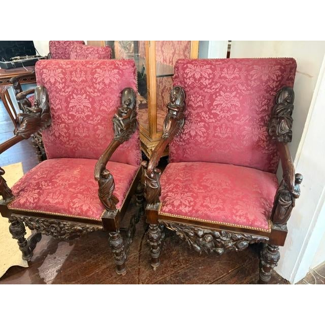 Brown Pair Antique Baroque Walnut Italian Armchairs Carved Andrea Brustolon Style For Sale - Image 8 of 10