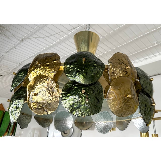 Mid-Century Modern Contemporary Water Lily Chandelier Brass and Murano Glass , Italy For Sale - Image 3 of 12