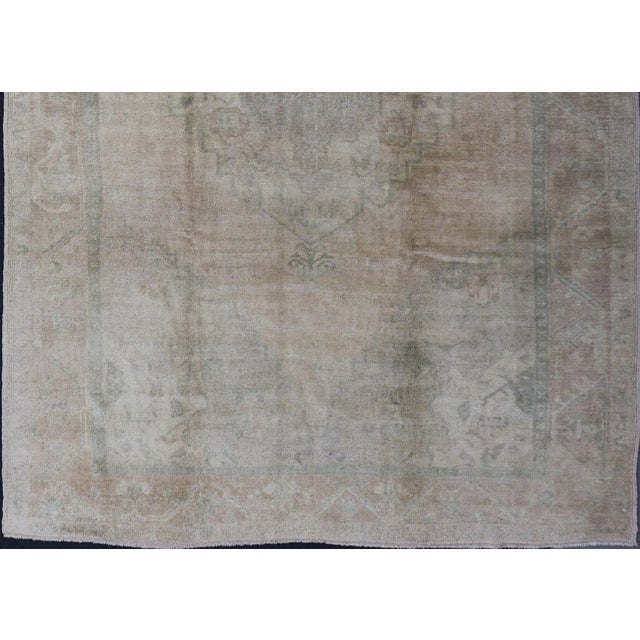 Light Color Oushak Vintage Rug With Pastel Colors in Tan, Green, Butter Yellow and Taupe For Sale - Image 4 of 13