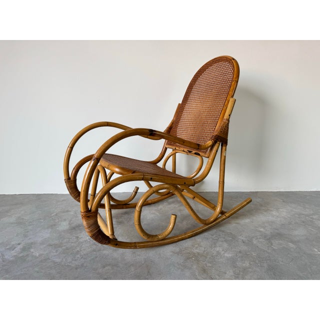 Vintage Coastal Thonet - Style Bamboo and Cane Rocking Chair/ Sold For Sale - Image 4 of 10
