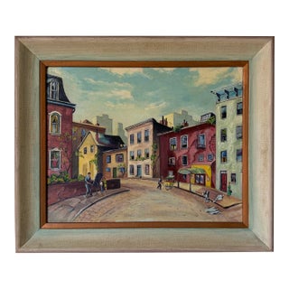 1970’s Vintage Impressionist Cityscape Street Scene Oil on Canvas Board Painting, Framed For Sale