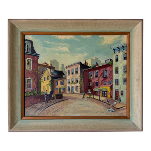 1970’s Vintage Impressionist Cityscape Street Scene Oil on Canvas Board Painting, Framed