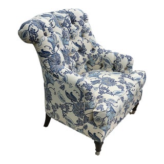 Blue Floral Tufted Club Chair For Sale