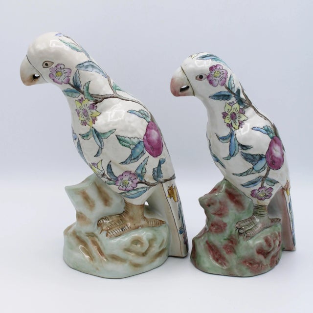 Large Mid Century Famille Rose Chinese Export Parrot Figurines - Set of Two For Sale In Tulsa - Image 6 of 12