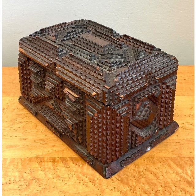 Brown Vintage Tramp Art Wood Box For Sale - Image 8 of 12