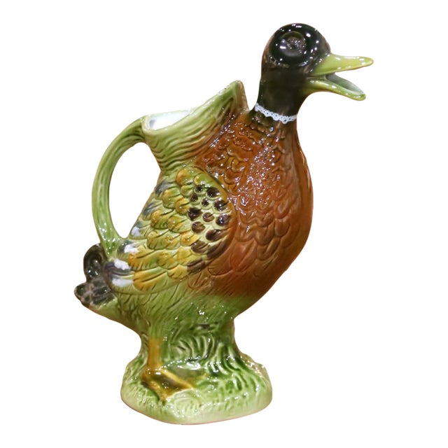 Mid-20th Century French Painted Barbotine Ceramic Duck Pitcher For Sale