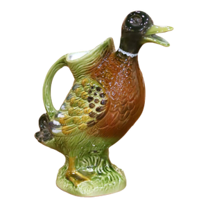 Mid-20th Century French Painted Barbotine Ceramic Duck Pitcher
