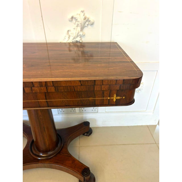 Mid 19th Century Antique Regency Rosewood and Brass Inlaid Card or Console Table with Fold Over Top, 1860s For Sale - Image 5 of 12
