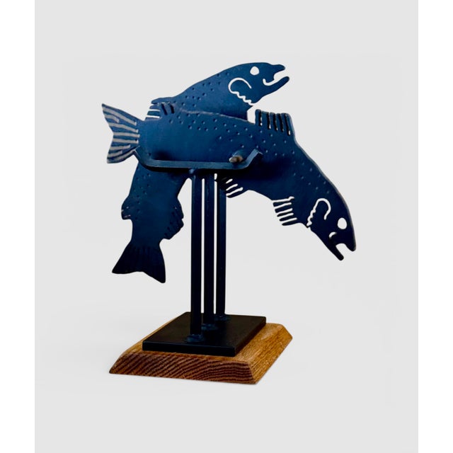 Signed Charles Ringer Kinetic Dual Trout / Salmon Cut Steel Brutalist Fish Sculpture Wood Base 1994 For Sale - Image 10 of 12