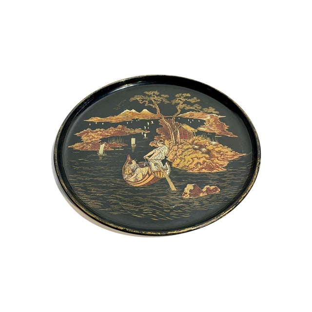 Antique Chinese Papier Mâché Lacquer Tray With Chinoiserie Landscape – Late 19th Century For Sale - Image 4 of 11