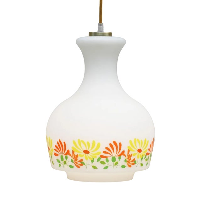 French Opaline Glass Flower Pendant Light, 1970 For Sale
