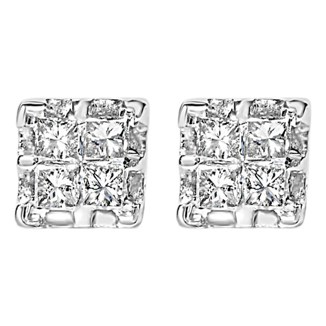 10k Yellow Gold Princess Diamond Quad Stud Earrings (1/4 cttw, J-K Color, I2-I3 Clarity) For Sale