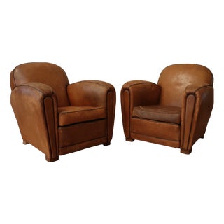 Art Deco Leather Club Chairs, 1930s, Set of 2 For Sale