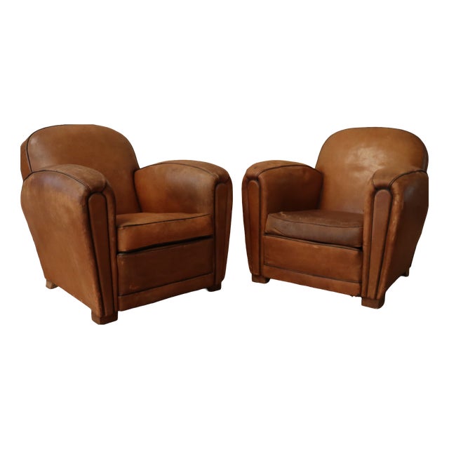 Art Deco Leather Club Chairs, 1930s, Set of 2 For Sale