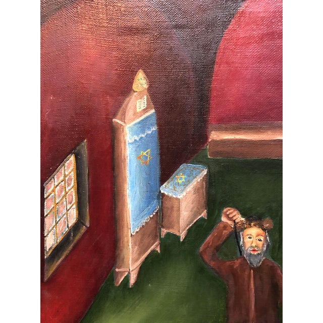 Folk Art Yitzchak Roman, Israeli Judaica Folk Art Oil Synagogue Interior Malkos Lashes Erev Yom kippur, 1968 For Sale - Image 3 of 8