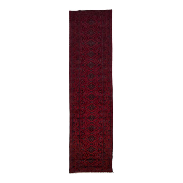 Extra-Long Red and Navy Tribal Medallion Runner Rug, 2'7" X 19'1" For Sale